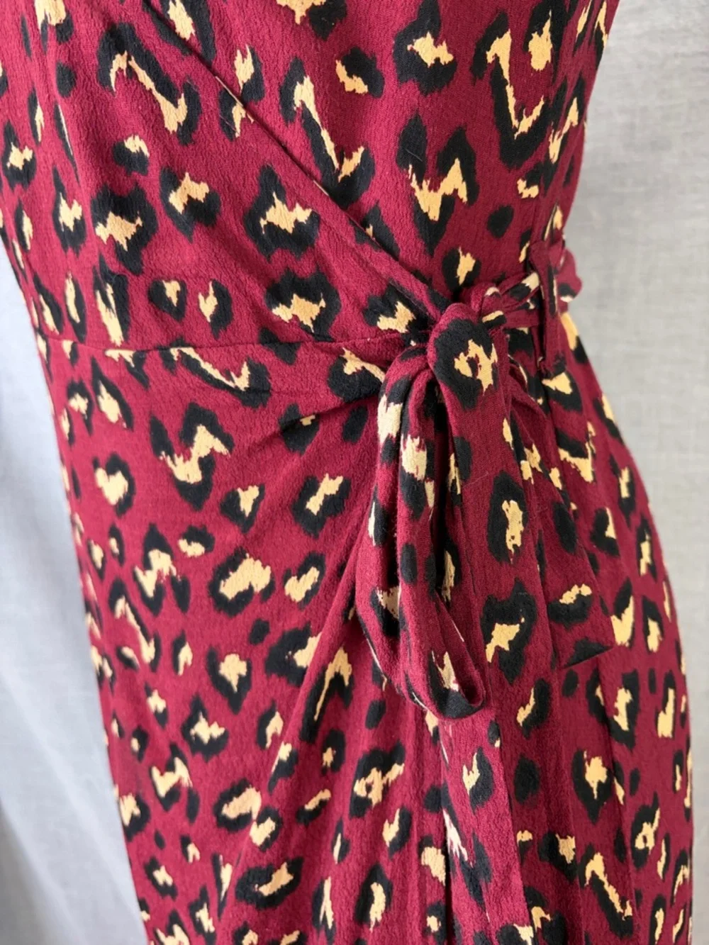 Cleobella Burgundy Leopard Print Wrap‎ Midi Dress 3/4 Sleeve Boho M